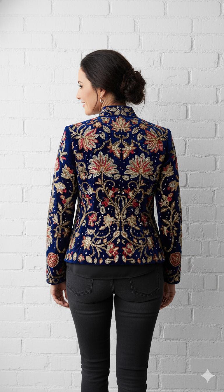 Women’s Hand-Embroidered Velvet Jacket | Luxury Floral Designer Blazer | Royal Blue Statement Evening Outerwear