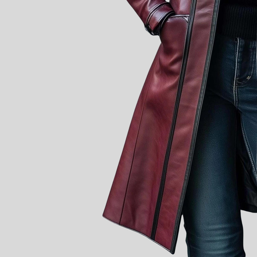 Women’s Handmade Burgundy Leather Long Coat | Vintage Distressed Lambskin Genuine Leather Jacket