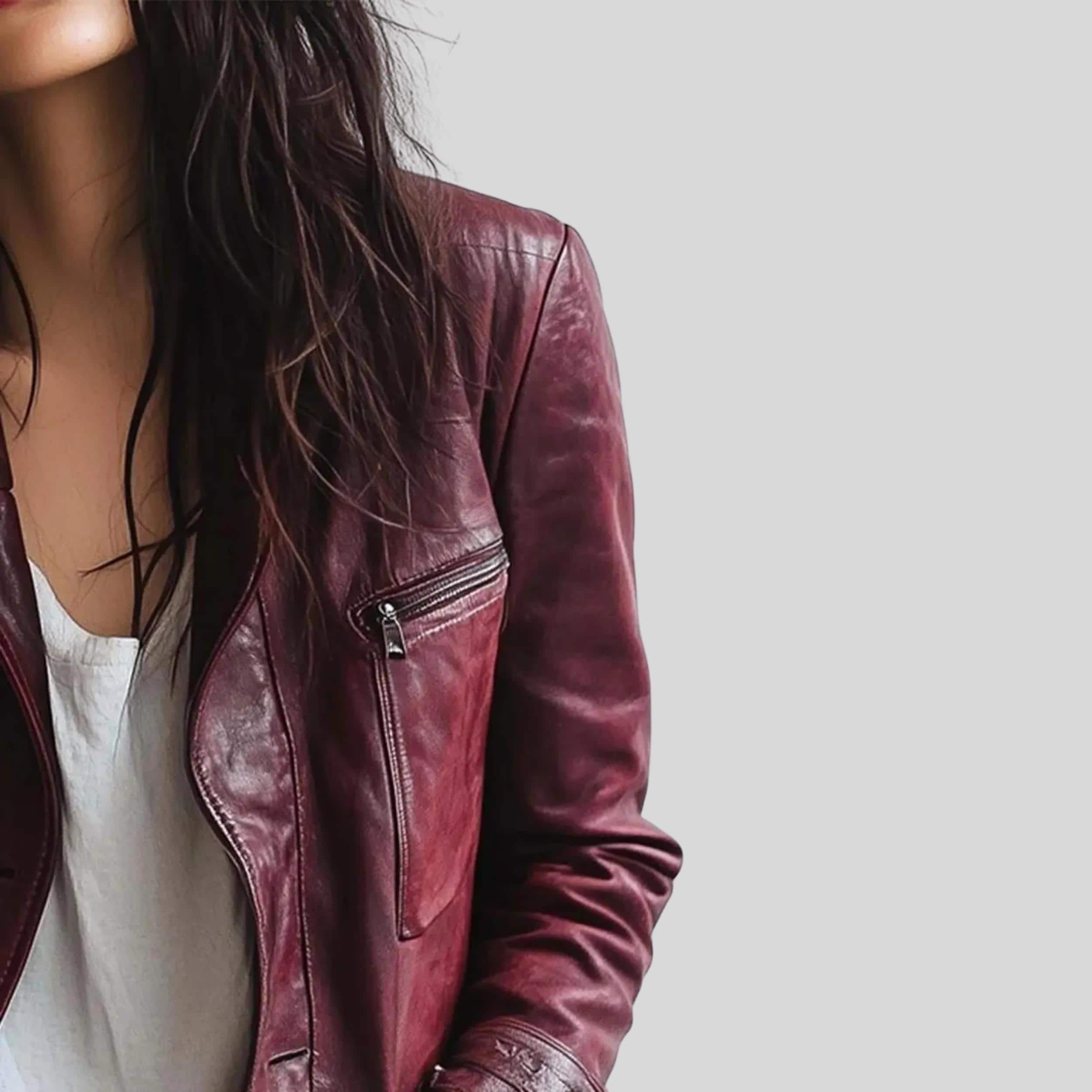 Women’s Vintage Burgundy Lambskin Leather Jacket | Handmade Distressed Winter Outfit