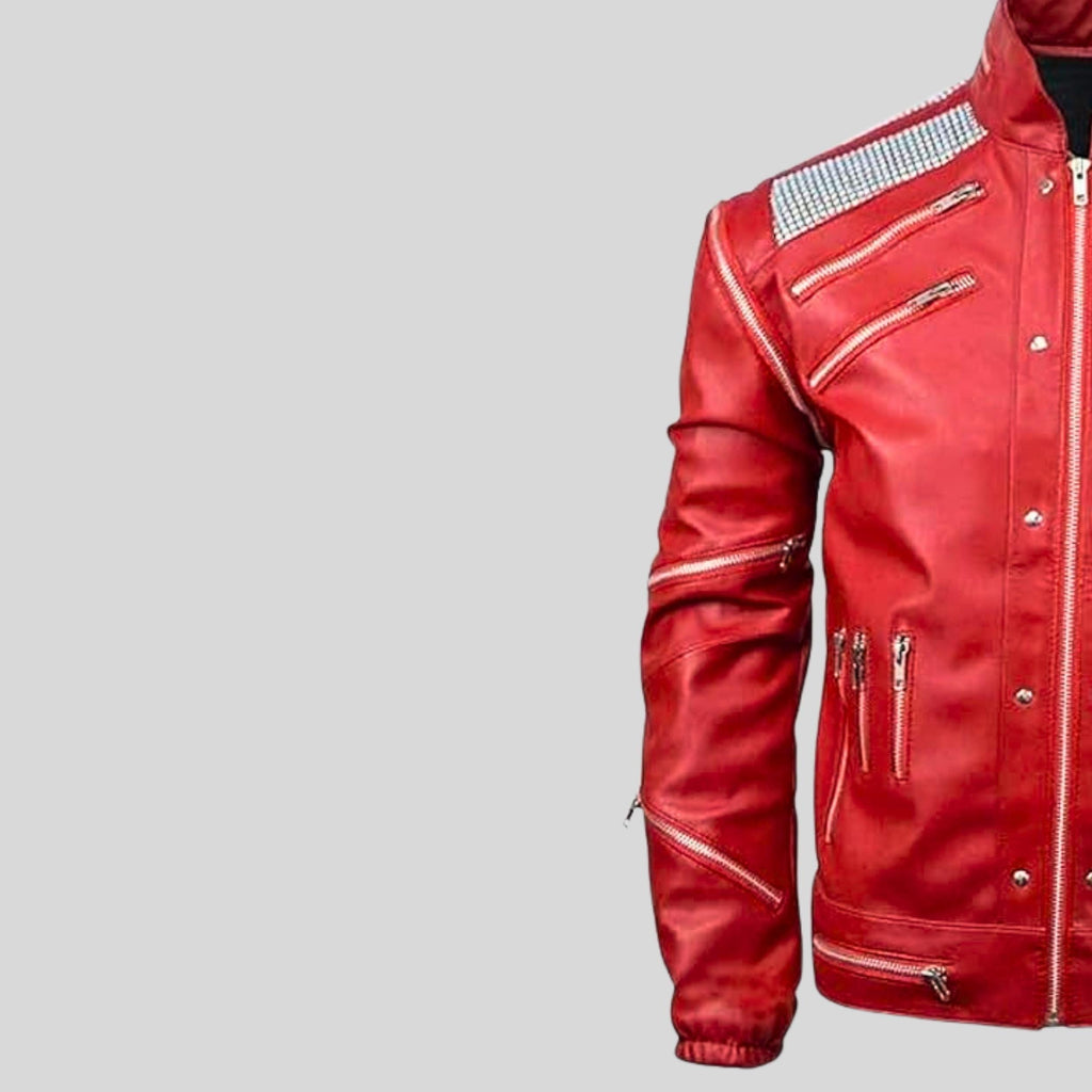 Handmade Michael Jackson Beat It Inspired Red Leather Jacket | 80s Biker MJ Tribute Costume | Zip-up Genuine Leather Cosplay Outfit