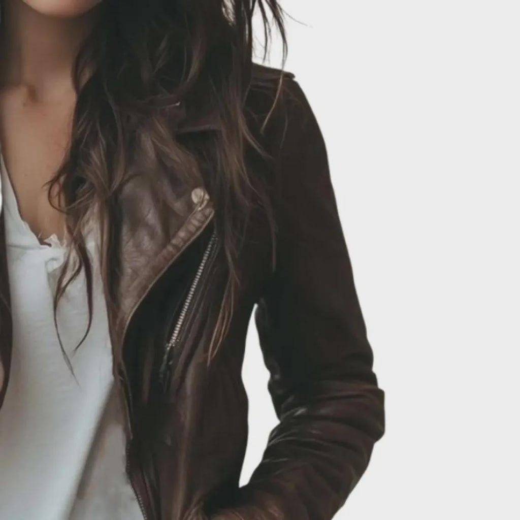 Women's Handmade Vintage Brown Leather Jacket | Lapel Collar Biker Coat