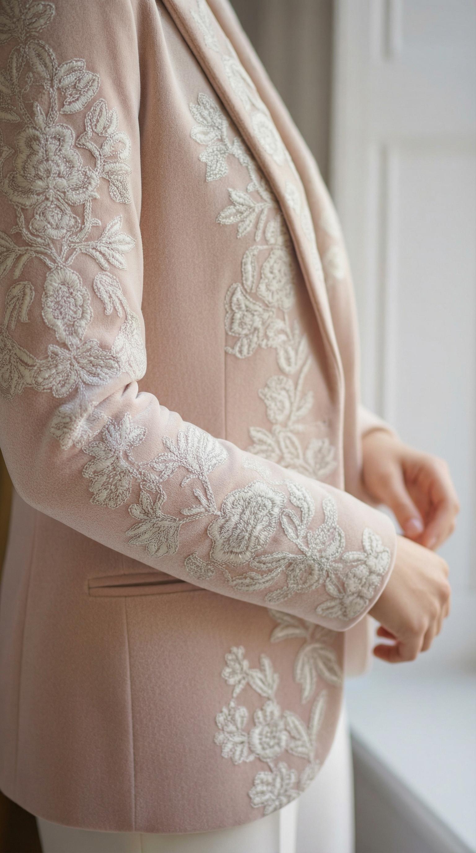 Hand-Embroidered Velvet Coat | Blush Pink Floral Longline Jacket