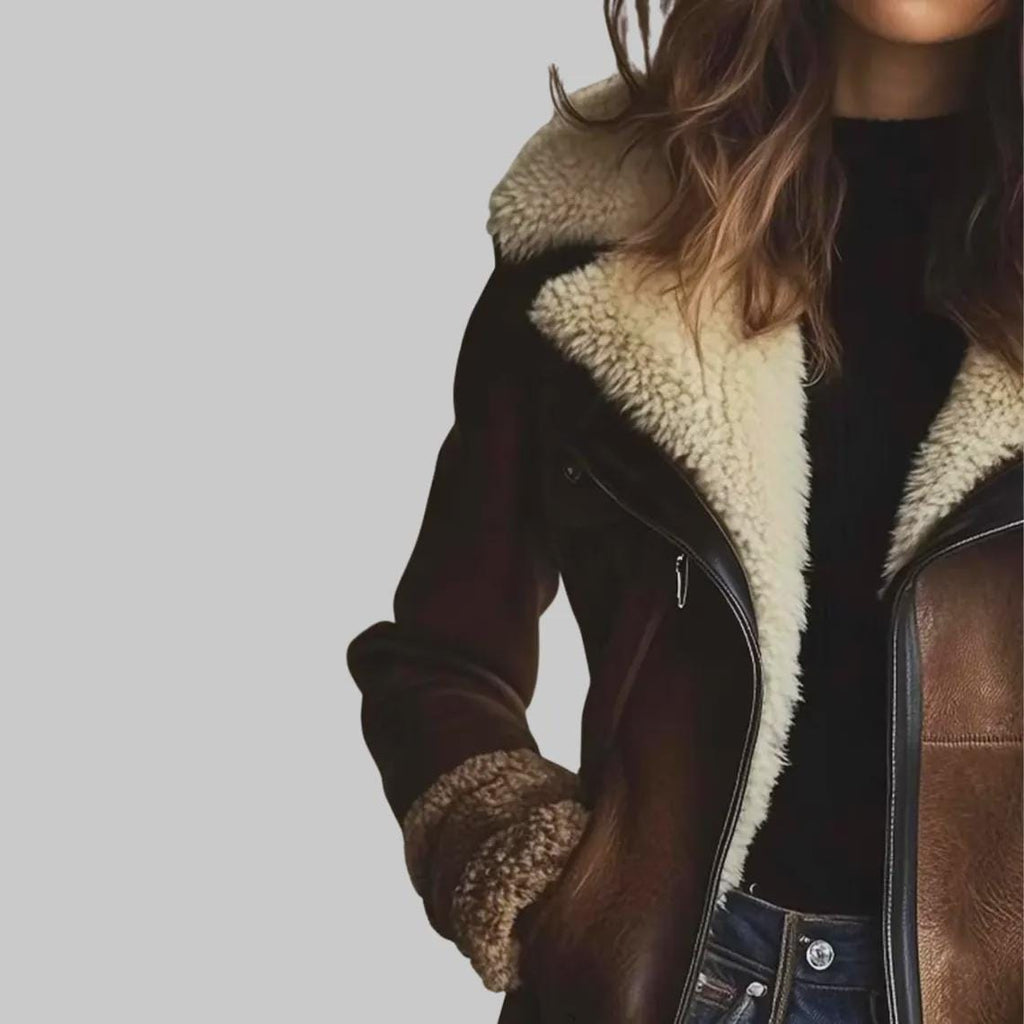 Women's Sheepskin Aviator Jacket | Genuine Leather Coat | Faux Fur Lapel Collar