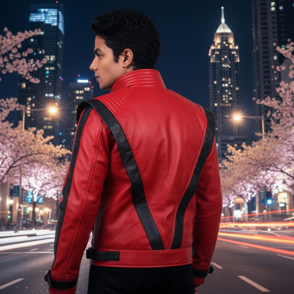 Michael Jackson Thriller Jacket Red Leather | 80s Pop Star Cosplay Costume | MJ Inspired Retro Biker Jacket Black Stripe Statement Outfit