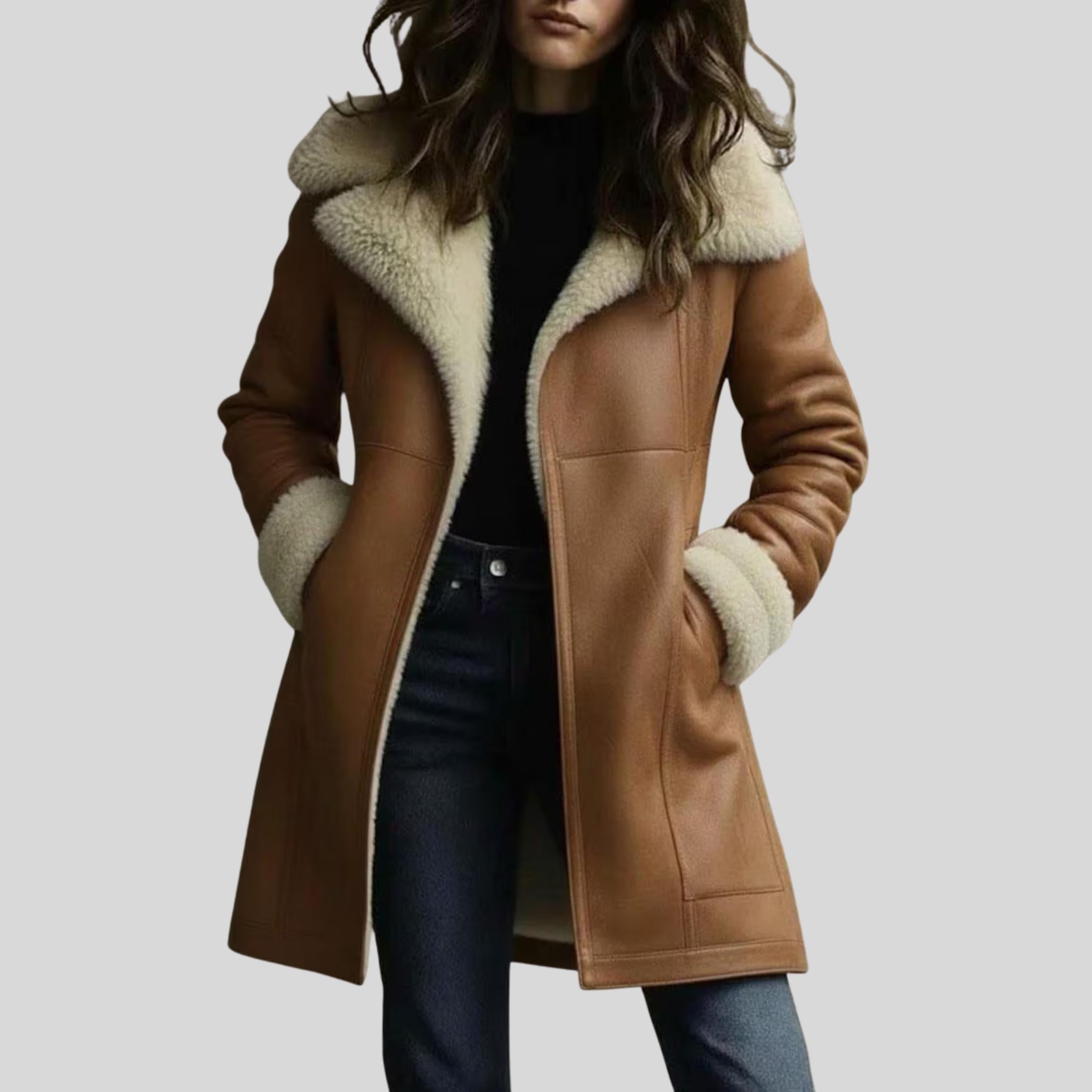 Women's Sheepskin Aviator Jacket | Genuine Leather Tan Brown Coat | Faux Fur Lapel Collar