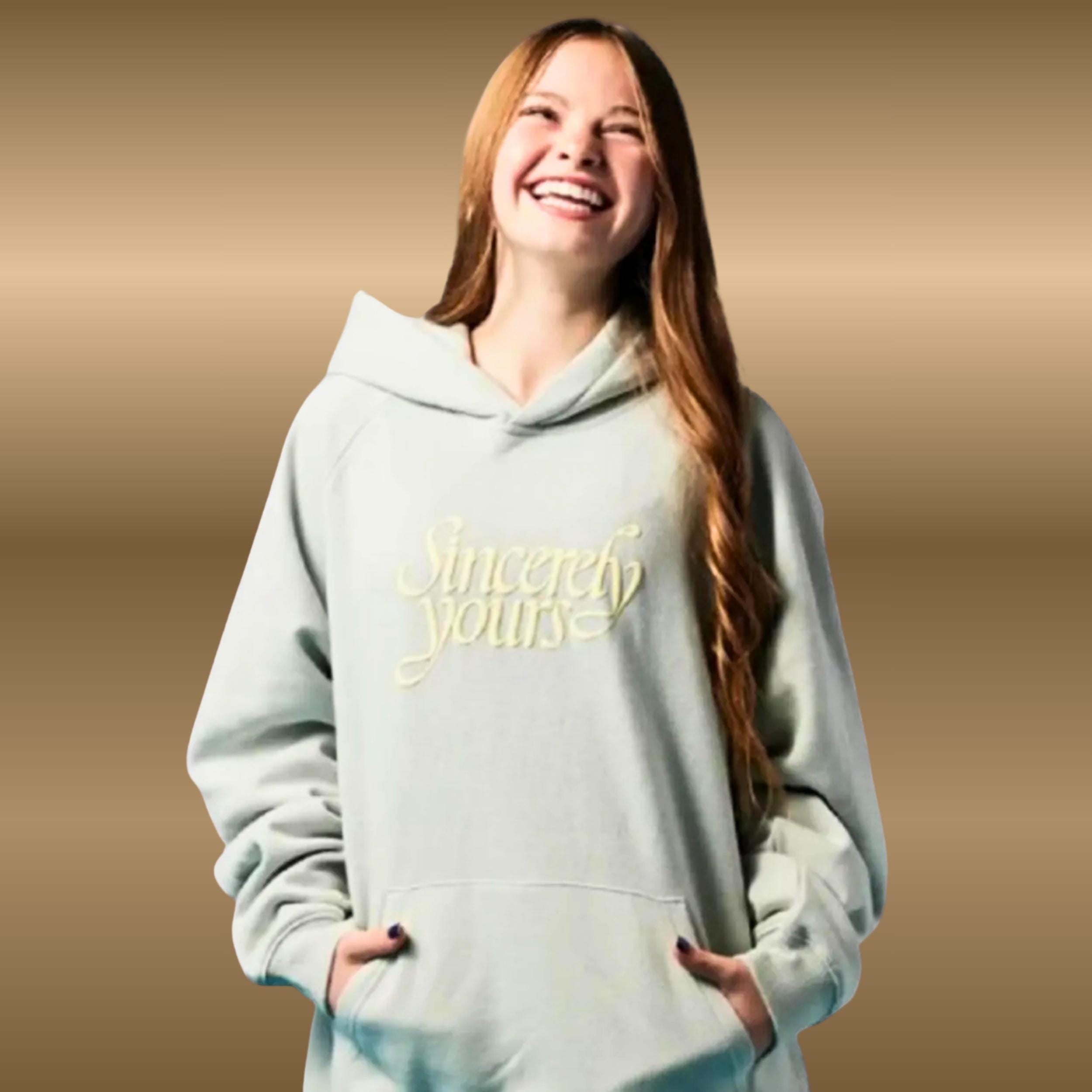 Embroidered 'Sincerely Yours' Hoodie | Gray & Light Blue Fleece Pullover | Oversized Unisex Cosplay Sweatshirt | Gift for Teen Girl