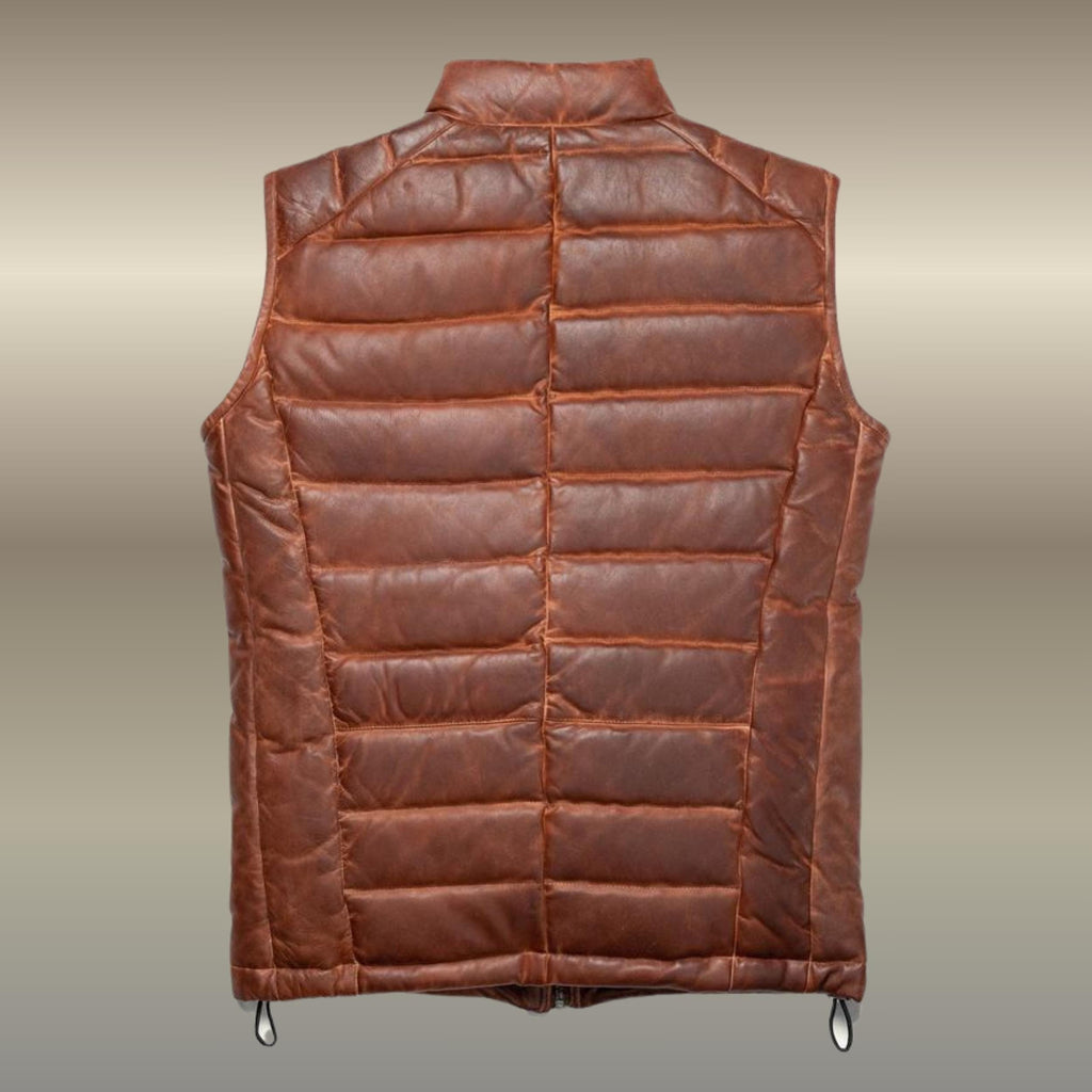 Men’s Distressed Brown Lambskin Leather Quilted Puffer Vest | Bridger Style Down Vest | Australia New Zealand Fashion Outerwear