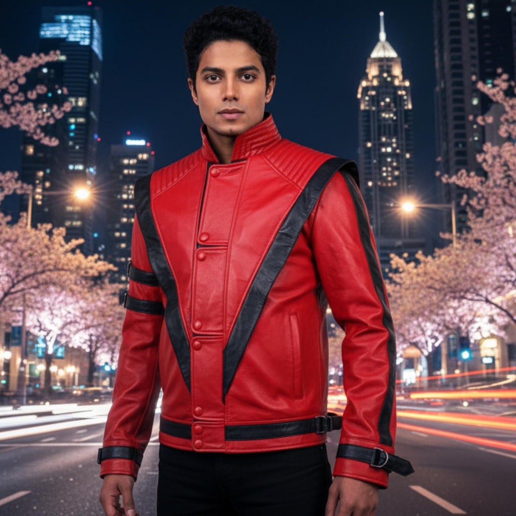 Michael Jackson Thriller Jacket Red Leather | 80s Pop Star Cosplay Costume | MJ Inspired Retro Biker Jacket Black Stripe Statement Outfit