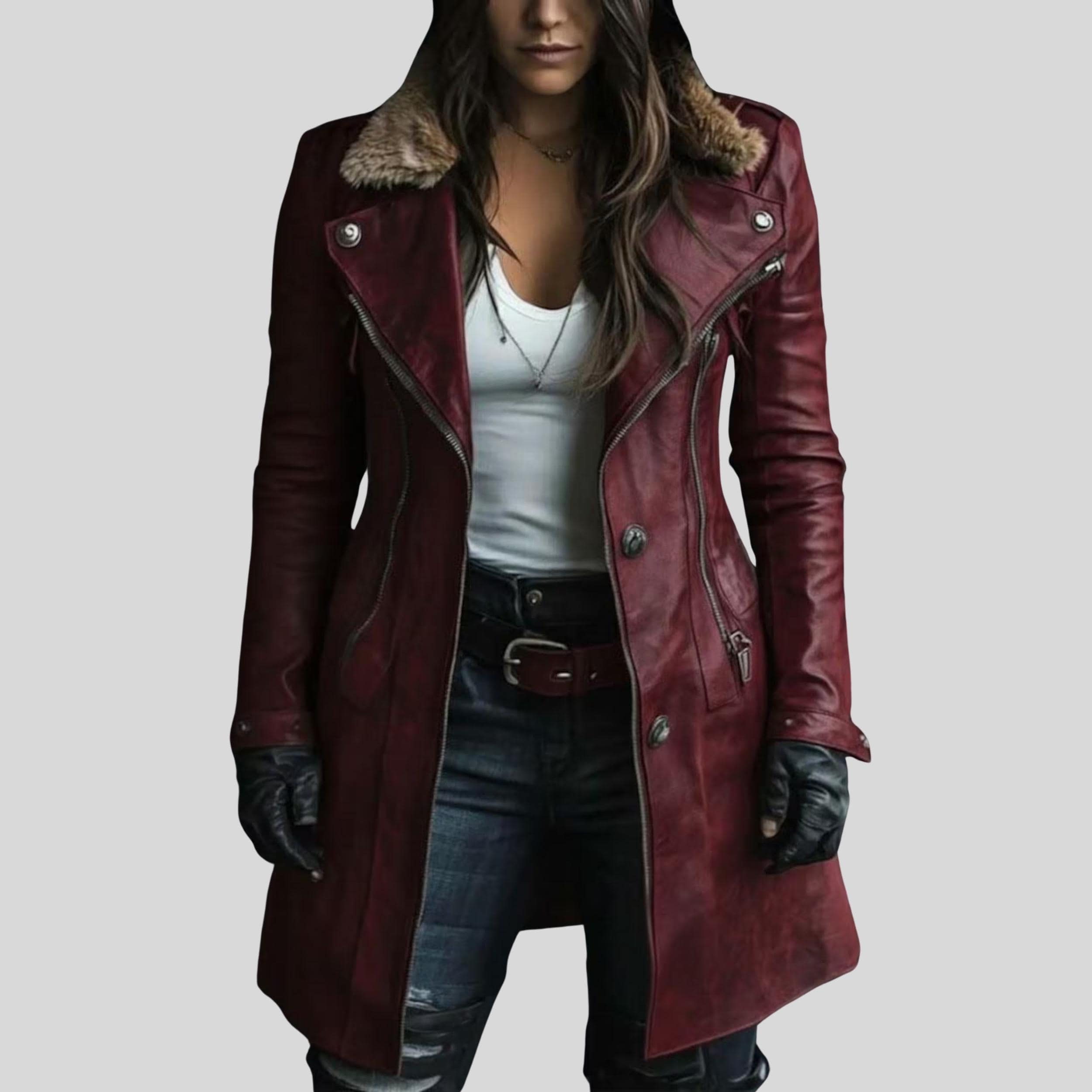 Women's Burgundy Sheepskin Aviator Jacket | Genuine Leather Lapel Collar Coat | Faux Fur Collar