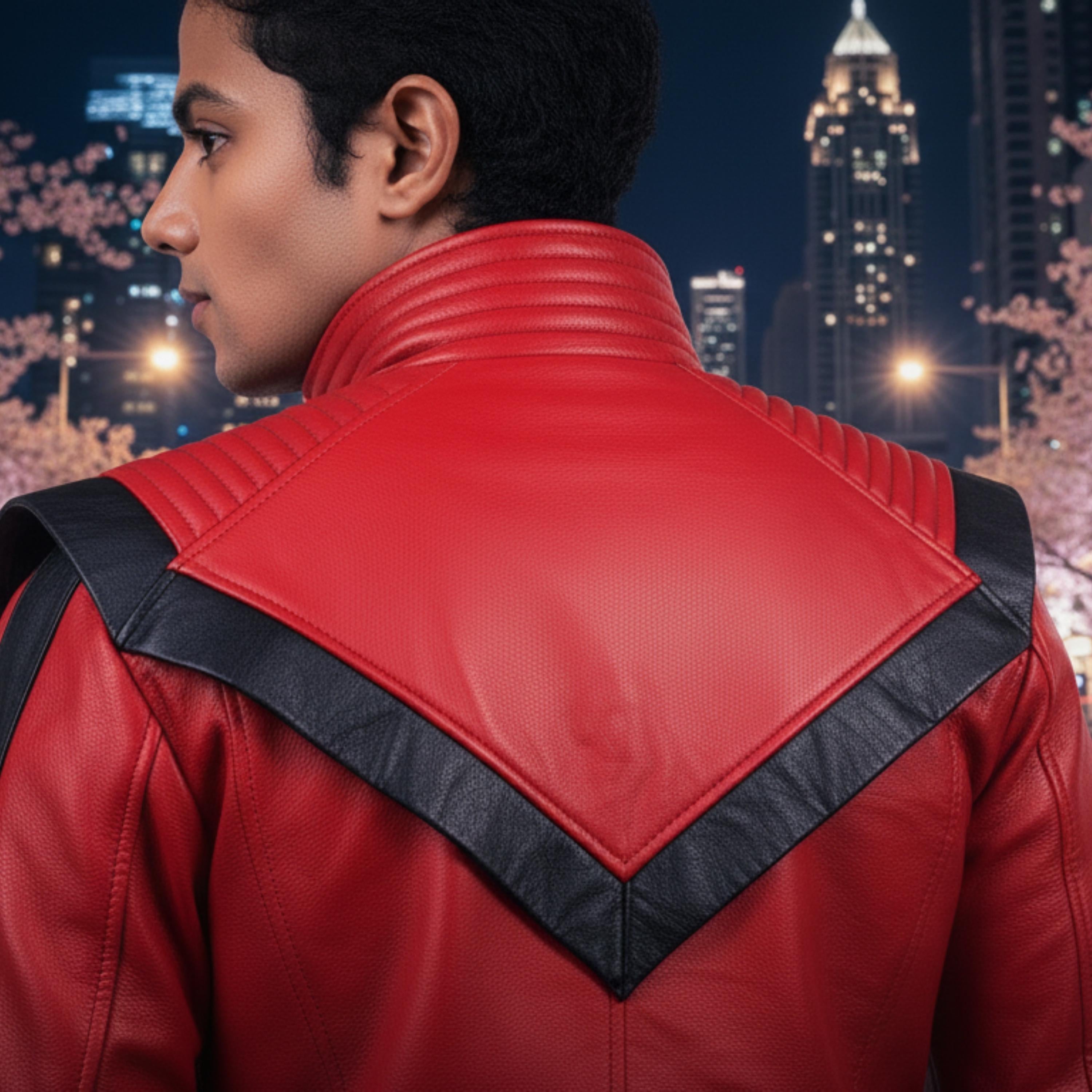Michael Jackson Thriller Jacket Red Leather | 80s Pop Star Cosplay Costume | MJ Inspired Retro Biker Jacket Black Stripe Statement Outfit