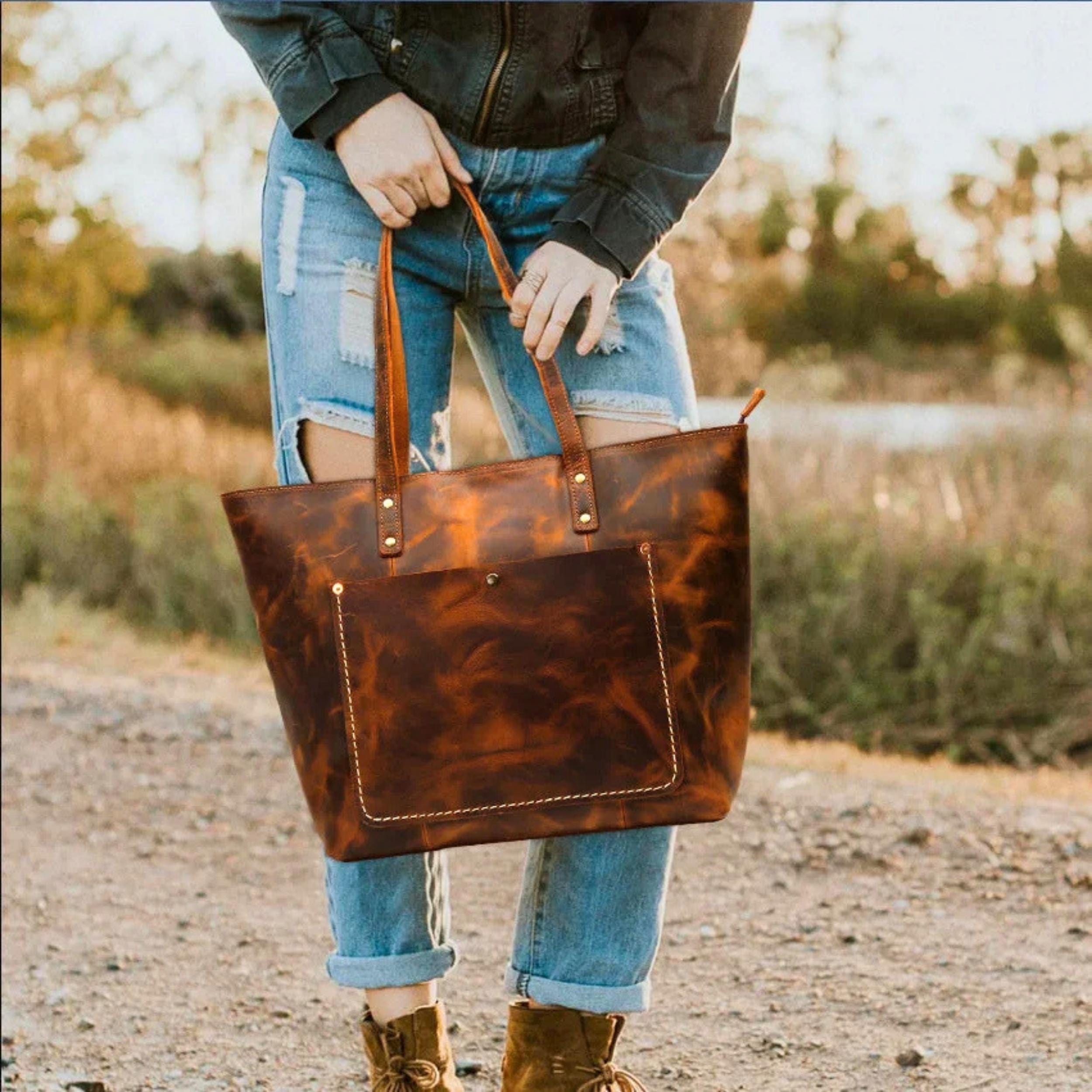 Personalized Full Grain Leather Tote for Women | Large Work & Laptop Shoulder Bag | Handmade Business Purse | Gift for Mom Girlfriend