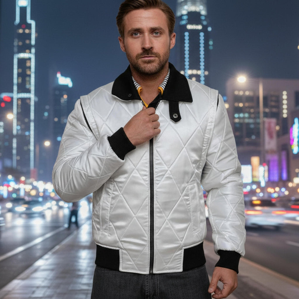 Ryan Gosling Drive Scorpion Jacket | Lightweight White Satin Bomber Jacket | Handmade Retro Movie Inspired Varsity Biker Outerwear