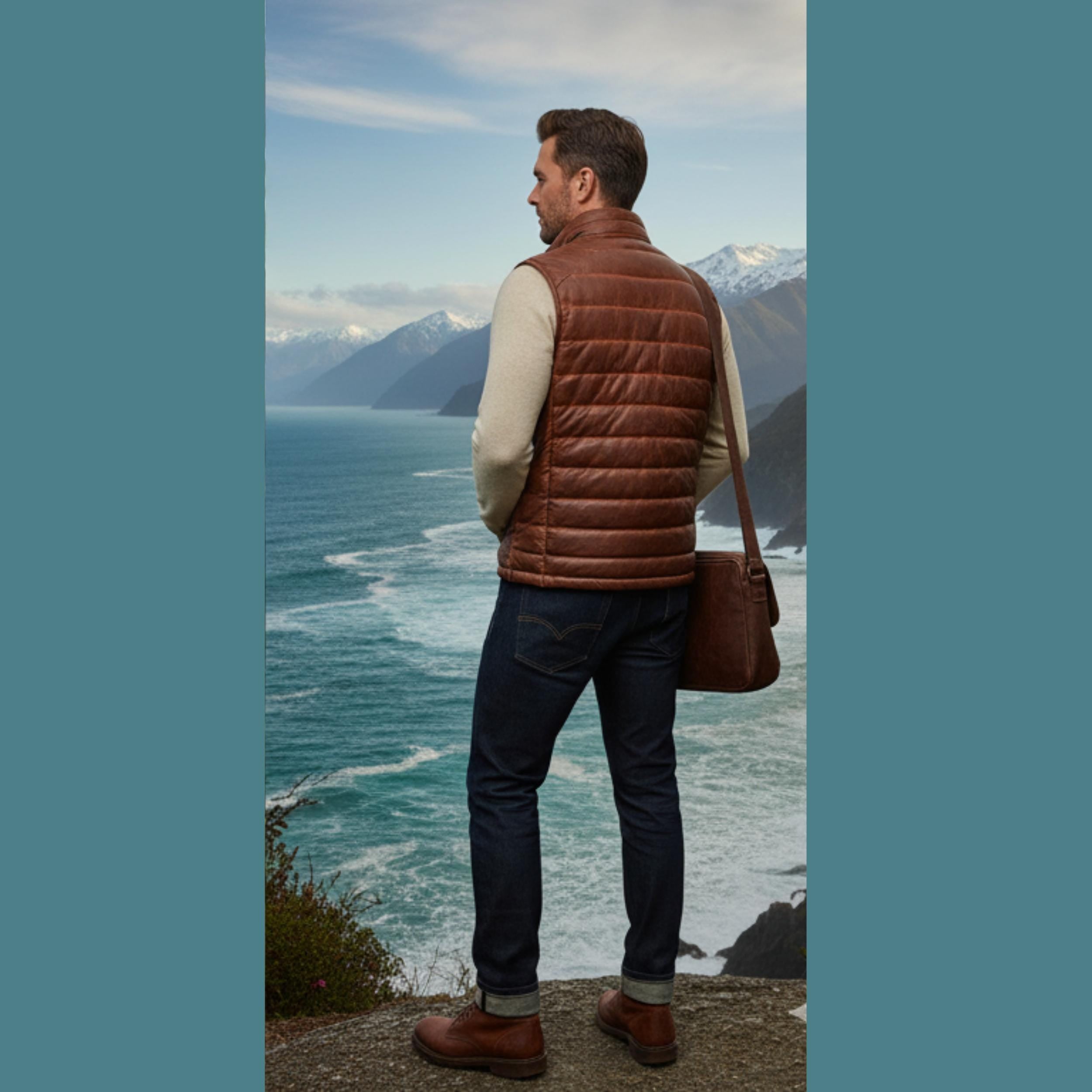 Men’s Distressed Brown Lambskin Leather Quilted Puffer Vest | Bridger Style Down Vest | Australia New Zealand Fashion Outerwear