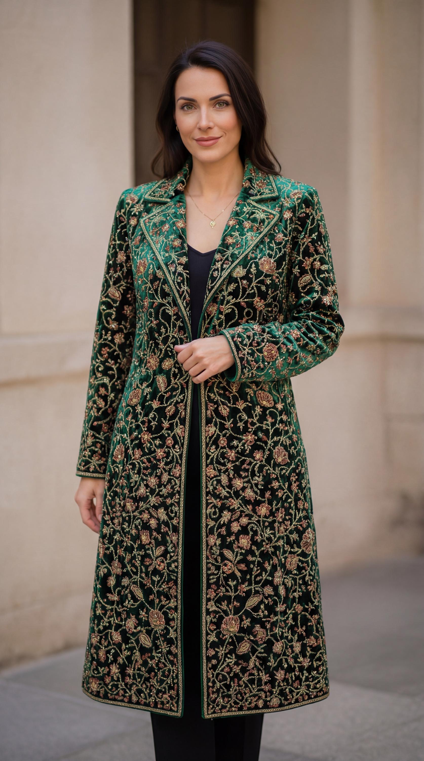 Women’s Embroidered Velvet Long Coat | Blush Green Floral Boho Jacket | Luxury Evening Peacock Ethnic Wear
