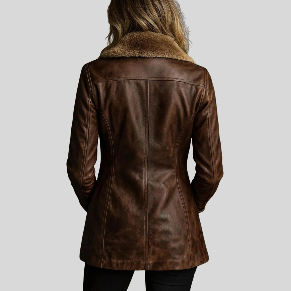 Women’s Brown Shearling Coat | Handmade Natural Leather Winter Jacket with Faux Fur Collar & Lapel