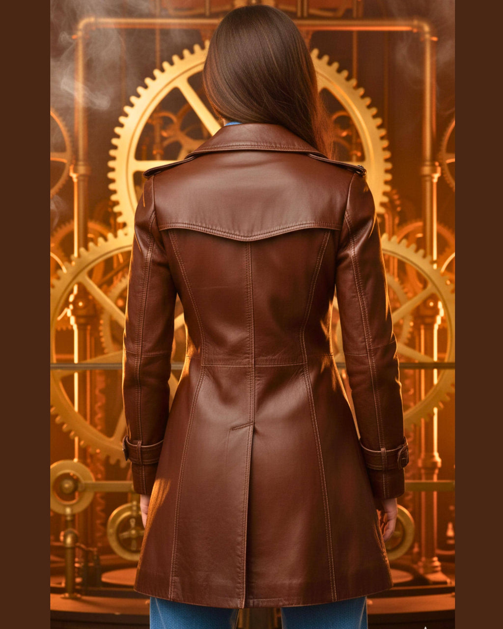 Women’s Vintage Brown Leather Coat | Handmade Genuine Leather Long Jacket with Stylish Collar & Lapel
