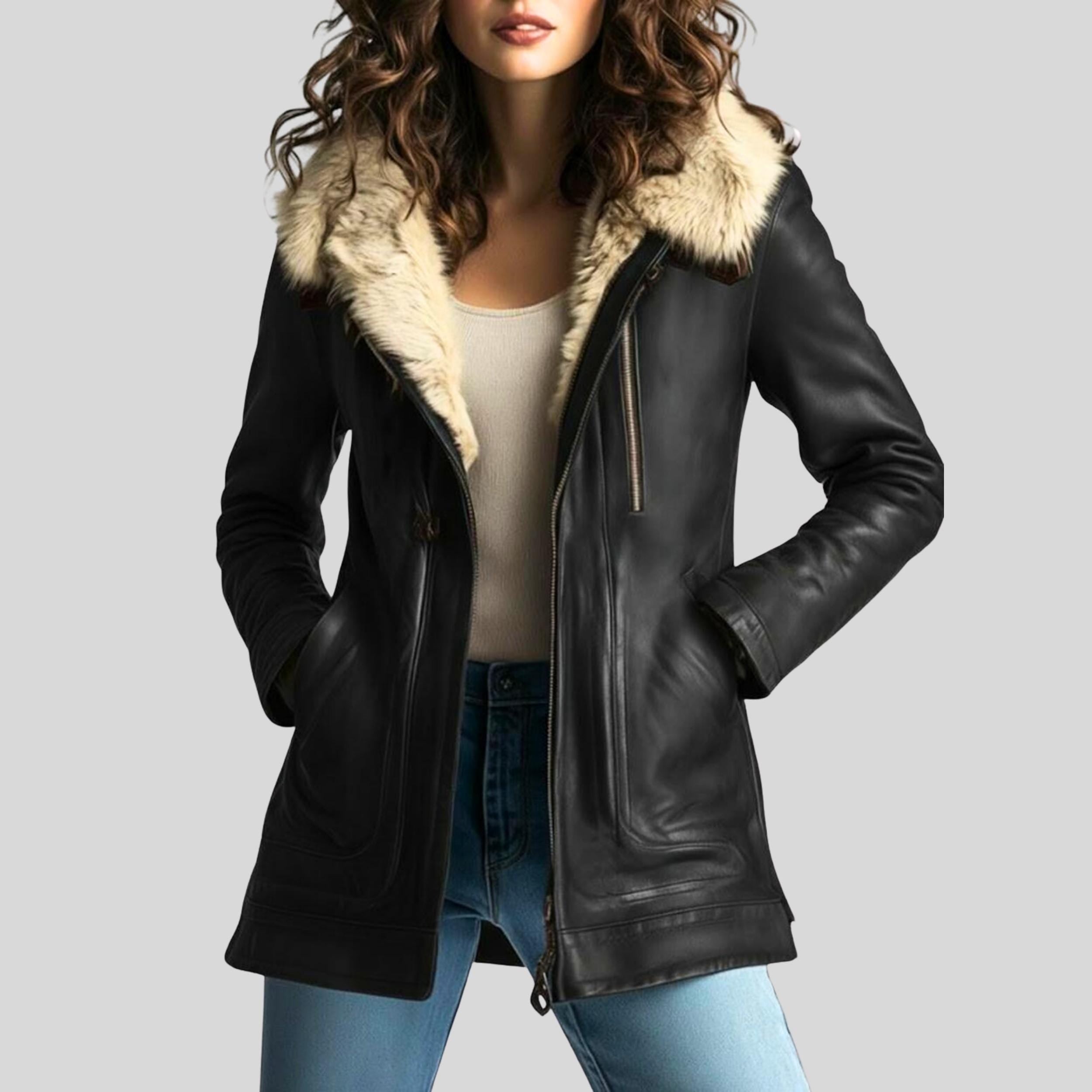 Women’s Black Shearling Leather Coat | Long Faux Fur Collar Winter Jacket | Warm & Luxury Outerwear