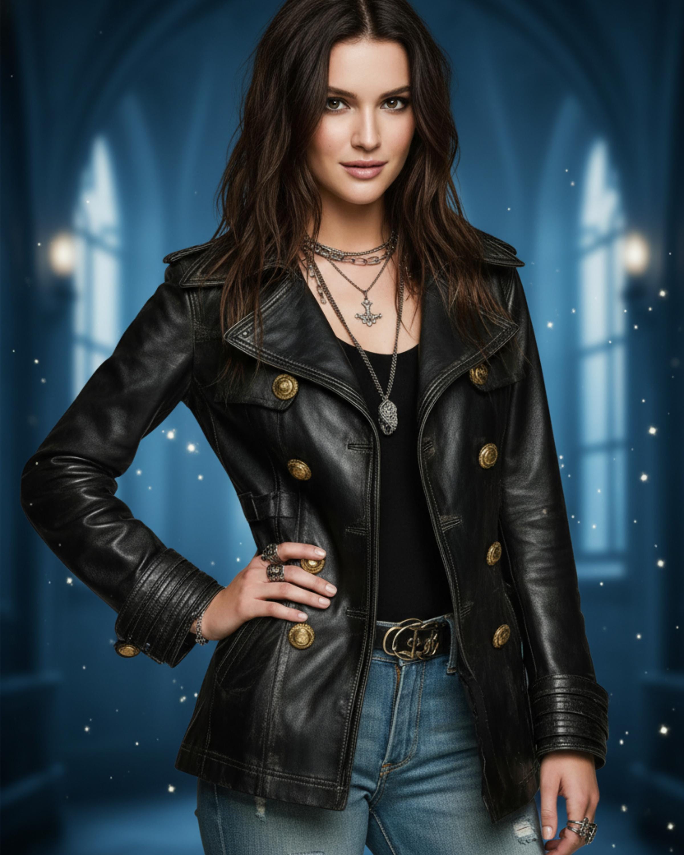 Women’s Handmade Black Distressed Jeans Style Leather Coat | Vintage Style Double-Breasted Gold Button Jacket | Goth Outerwear