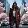 Women's Burgundy Sheepskin Aviator Jacket | Genuine Leather Lapel Collar Coat | Faux Fur Collar