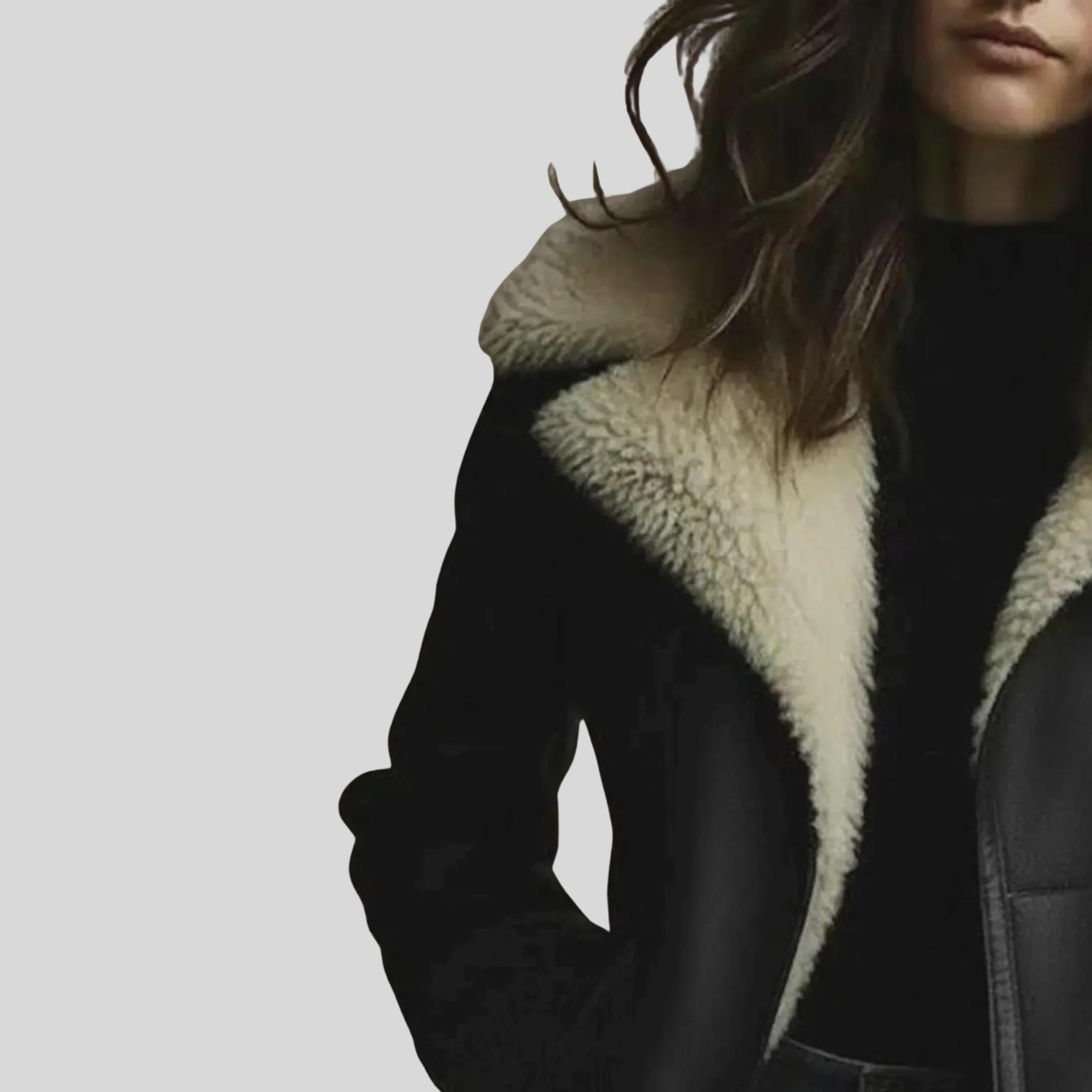 Women's Sheepskin Aviator Jacket | Genuine Leather Black Coat | Faux Fur Lapel Collar