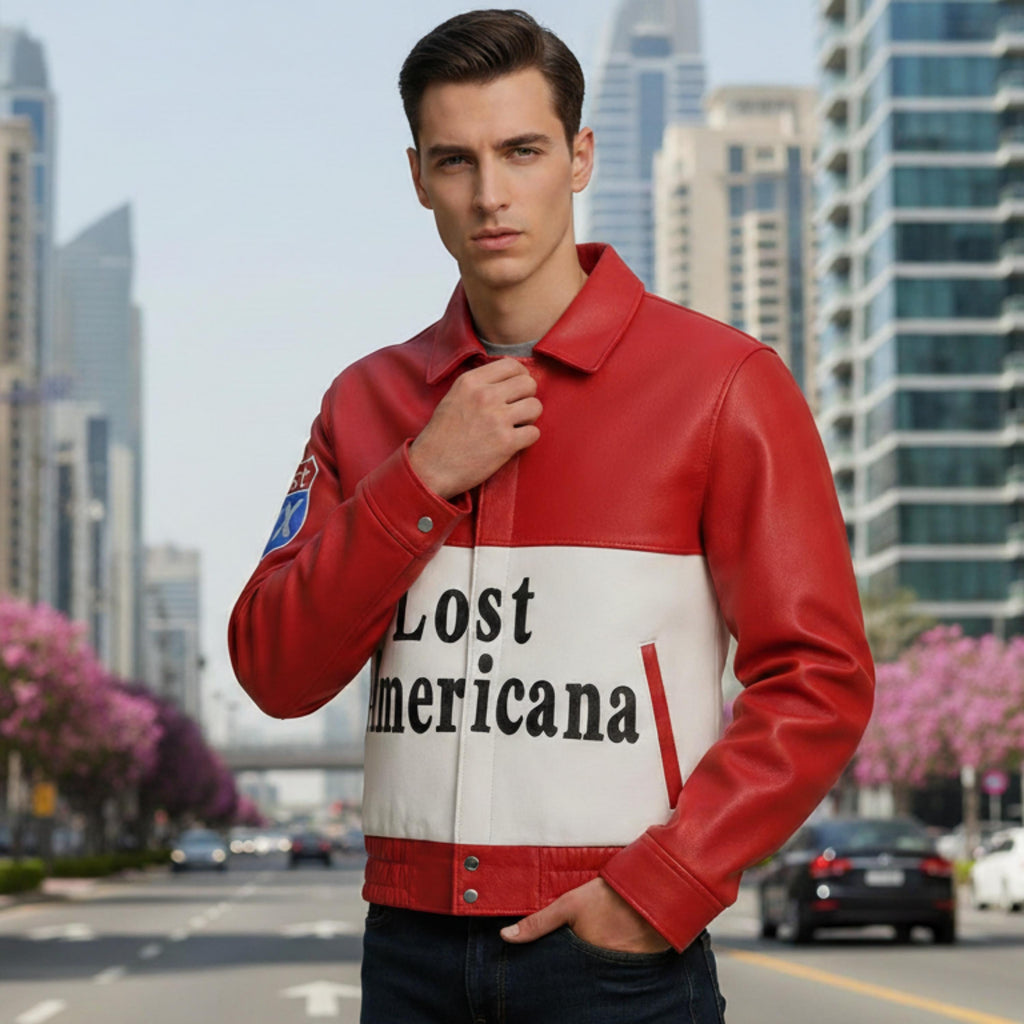 MGK Tonight Show Inspired Jacket | Lost Americana Retro Streetwear Leather Coat | Red & White Vintage Statement Jacket