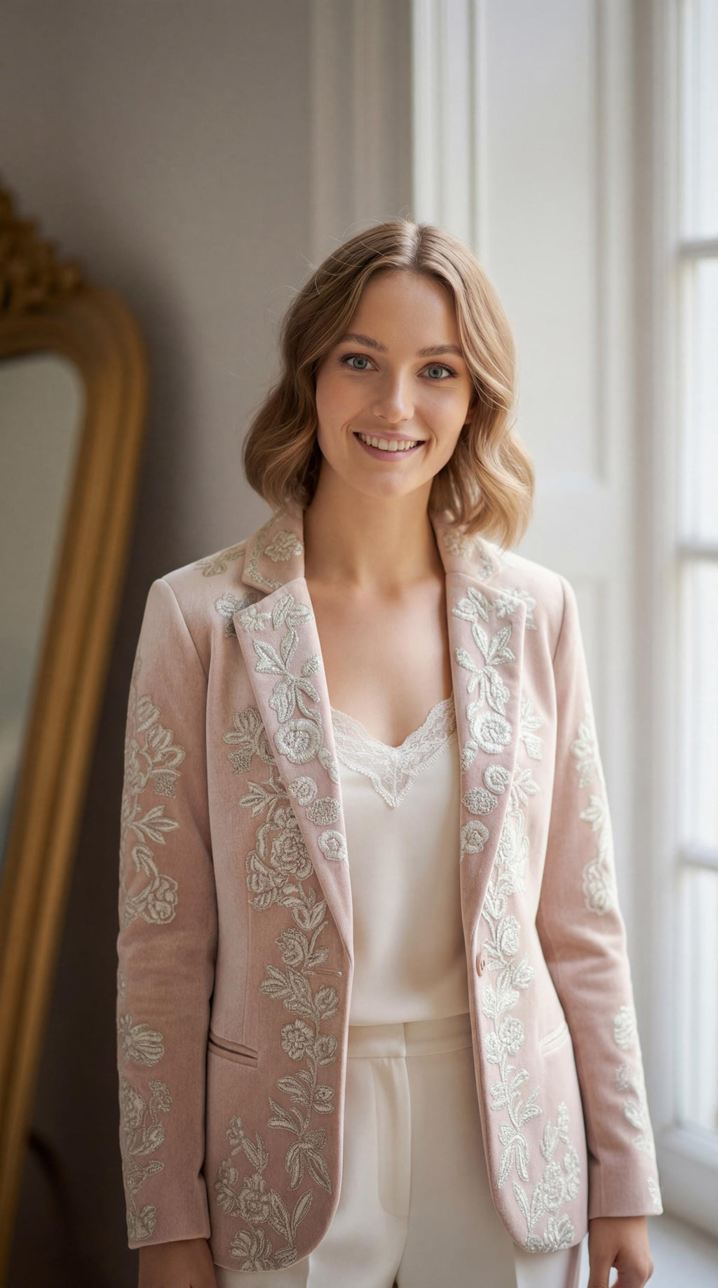 Hand-Embroidered Velvet Coat | Blush Pink Floral Longline Jacket