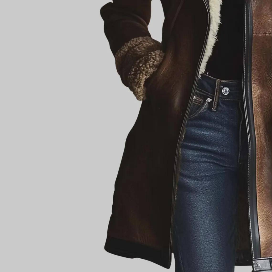 Women's Sheepskin Aviator Jacket | Genuine Leather Coat | Faux Fur Lapel Collar