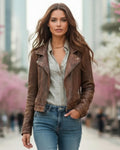 Women’s Brown Lambskin Leather Jacket | Vintage Distressed Biker Style | Handmade Real Leather Outerwear | Gift for her