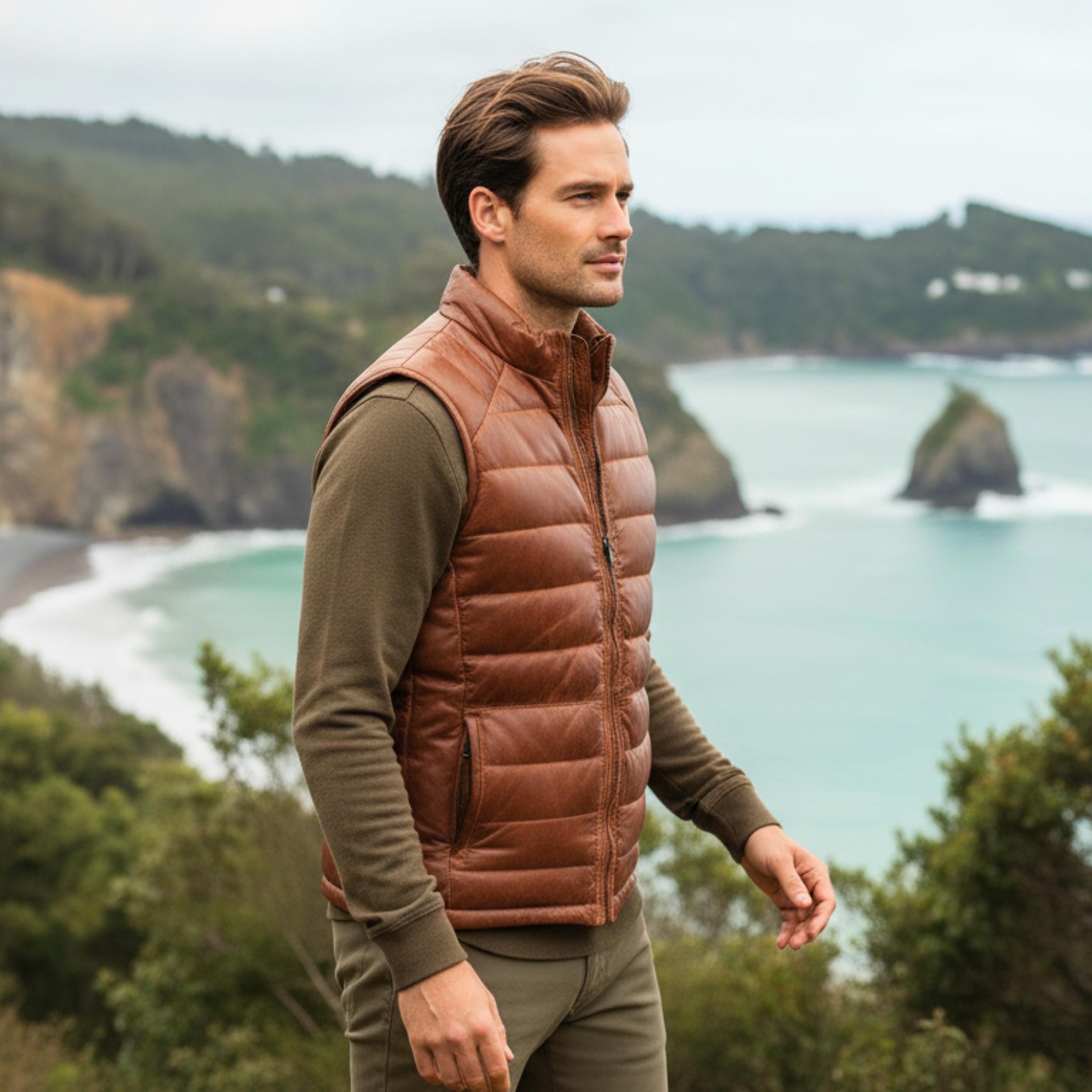 Men’s Distressed Brown Lambskin Leather Quilted Puffer Vest | Bridger Style Down Vest | Australia New Zealand Fashion Outerwear