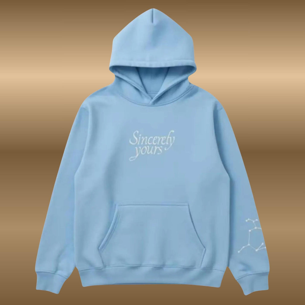 Embroidered 'Sincerely Yours' Hoodie | Gray & Light Blue Fleece Pullover | Oversized Unisex Cosplay Sweatshirt | Gift for Teen Girl