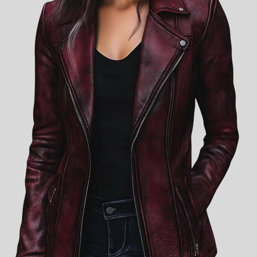 Women's Vintage Burgundy Natural Leather Jacket | Handmade Retro Coat
