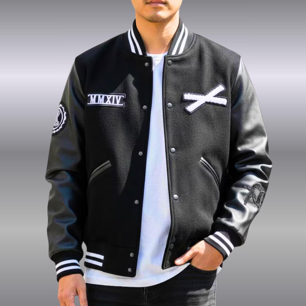 Handmade XO Varsity Jacket | Black Wool & Leather Bomber Jacket | Letterman College Baseball Outerwear | Gift For Him