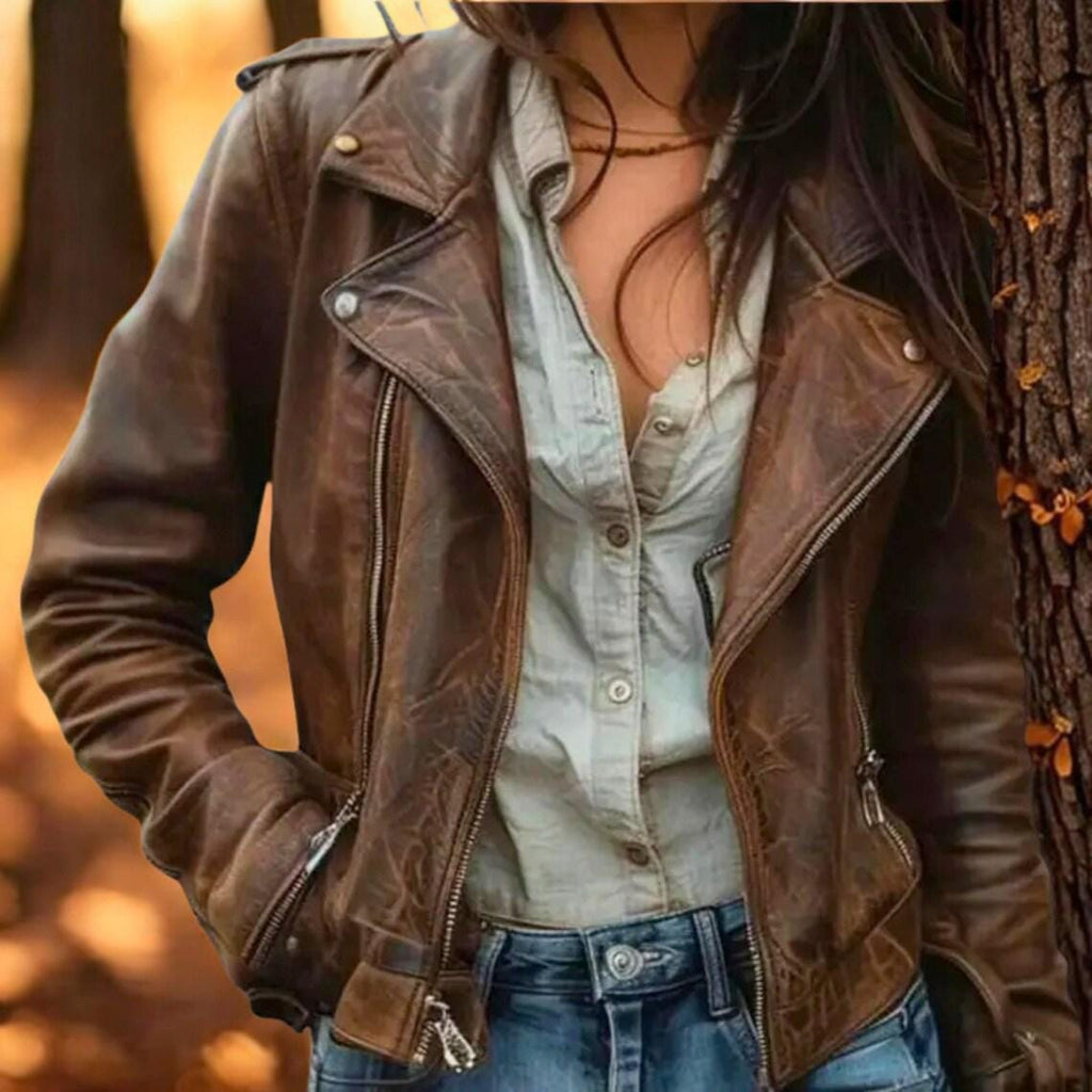 Women’s Brown Lambskin Leather Jacket | Vintage Distressed Biker Style | Handmade Real Leather Outerwear | Gift for her