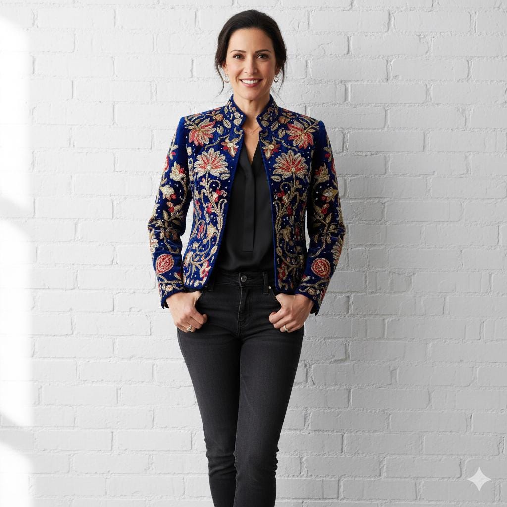 Women’s Hand-Embroidered Velvet Jacket | Luxury Floral Designer Blazer | Royal Blue Statement Evening Outerwear