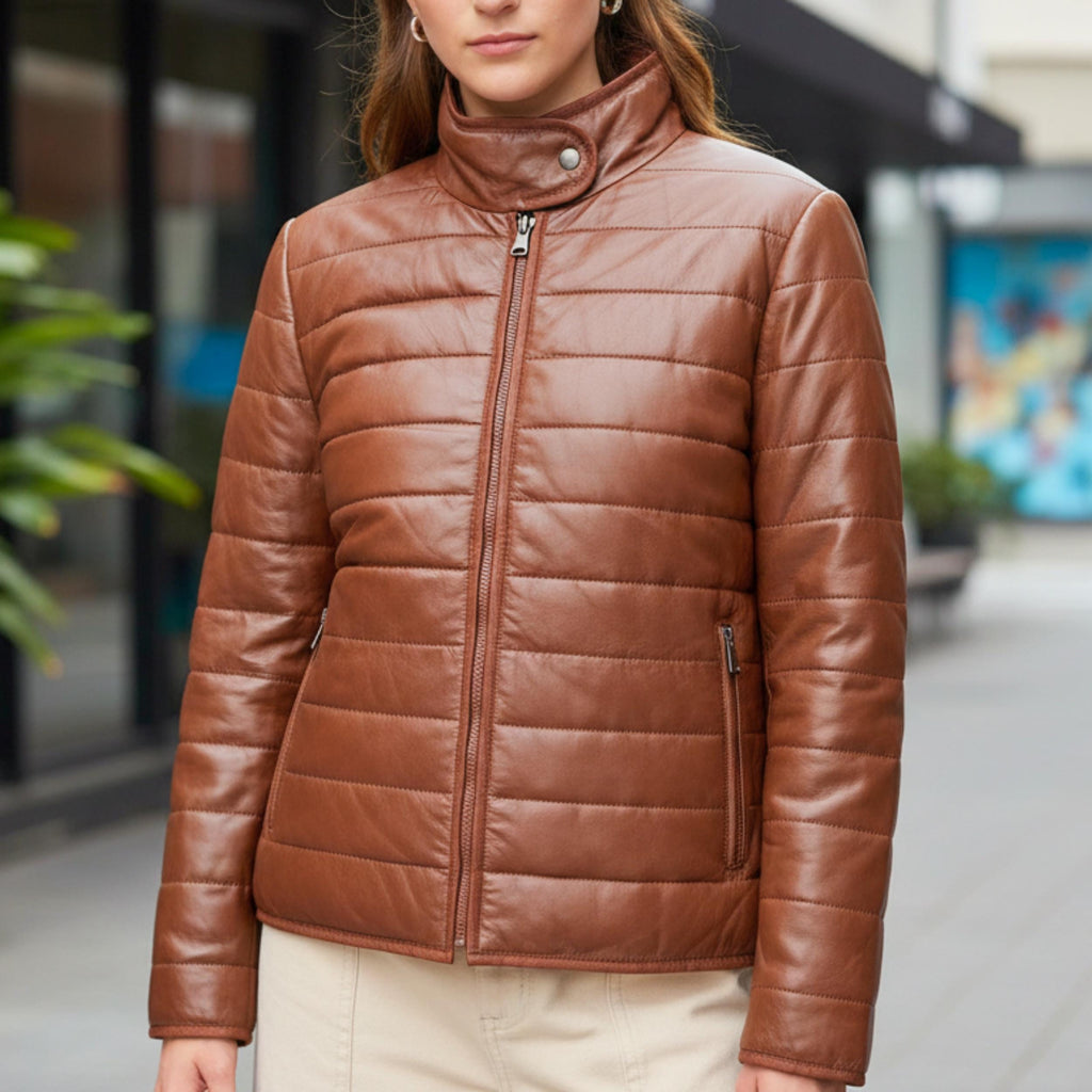 Women Lambskin Leather Puffer Jacket | Quilted Brown Winter Coat | Warm Zip-Up Bomber Jacket | Luxury Outerwear Gift | Australia NZ Fashion