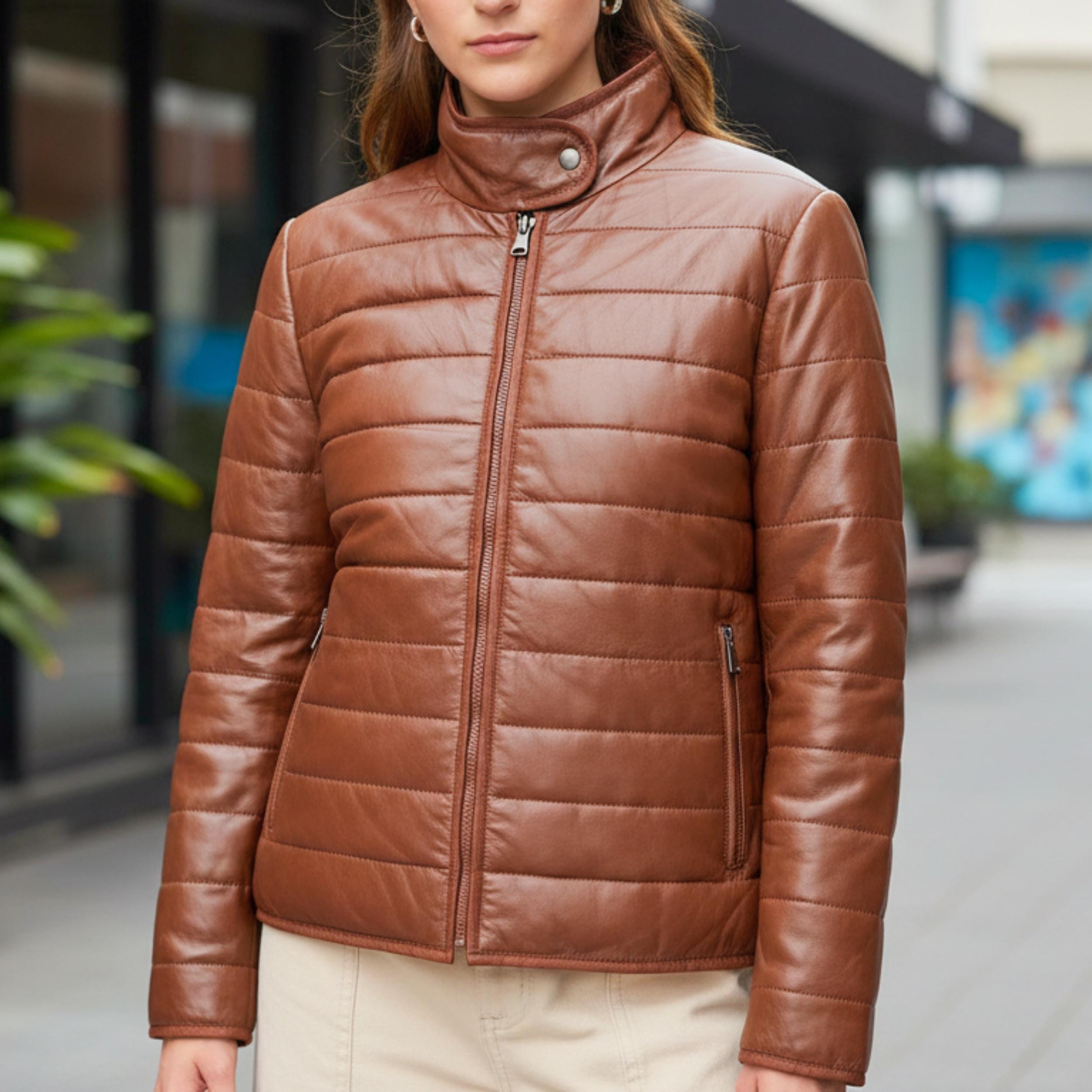 Women Lambskin Leather Puffer Jacket | Quilted Brown Winter Coat | Warm Zip-Up Bomber Jacket | Luxury Outerwear Gift | Australia NZ Fashion