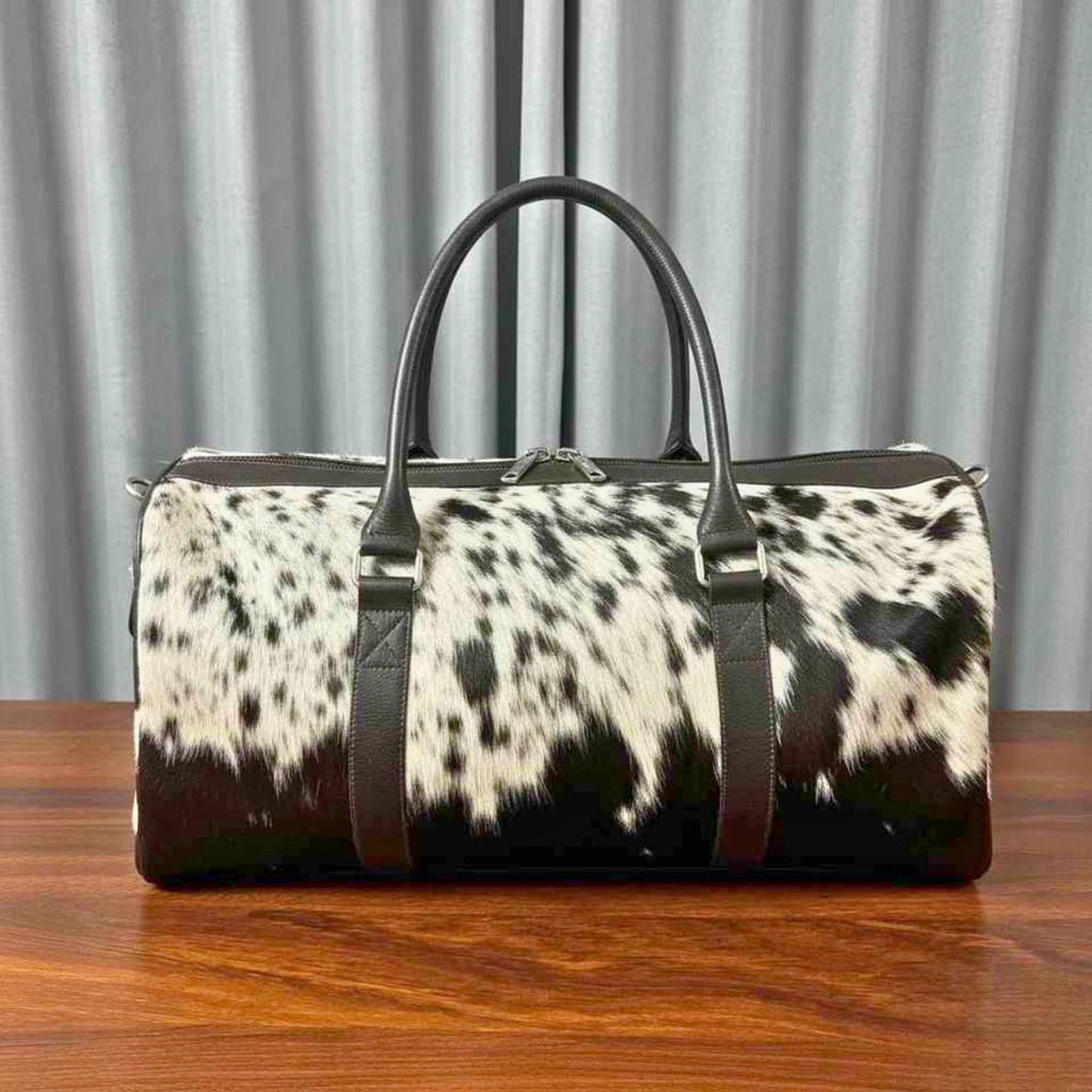 Personalized Cowhide Leather Duffel Bag | Hair On Hide Weekender Travel Bag | Handmade Western Unisex Overnight Gym Bag | Gift for Him Her