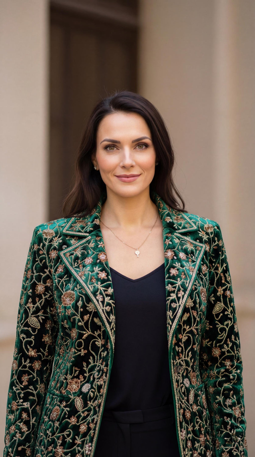 Women’s Embroidered Velvet Long Coat | Blush Green Floral Boho Jacket | Luxury Evening Peacock Ethnic Wear