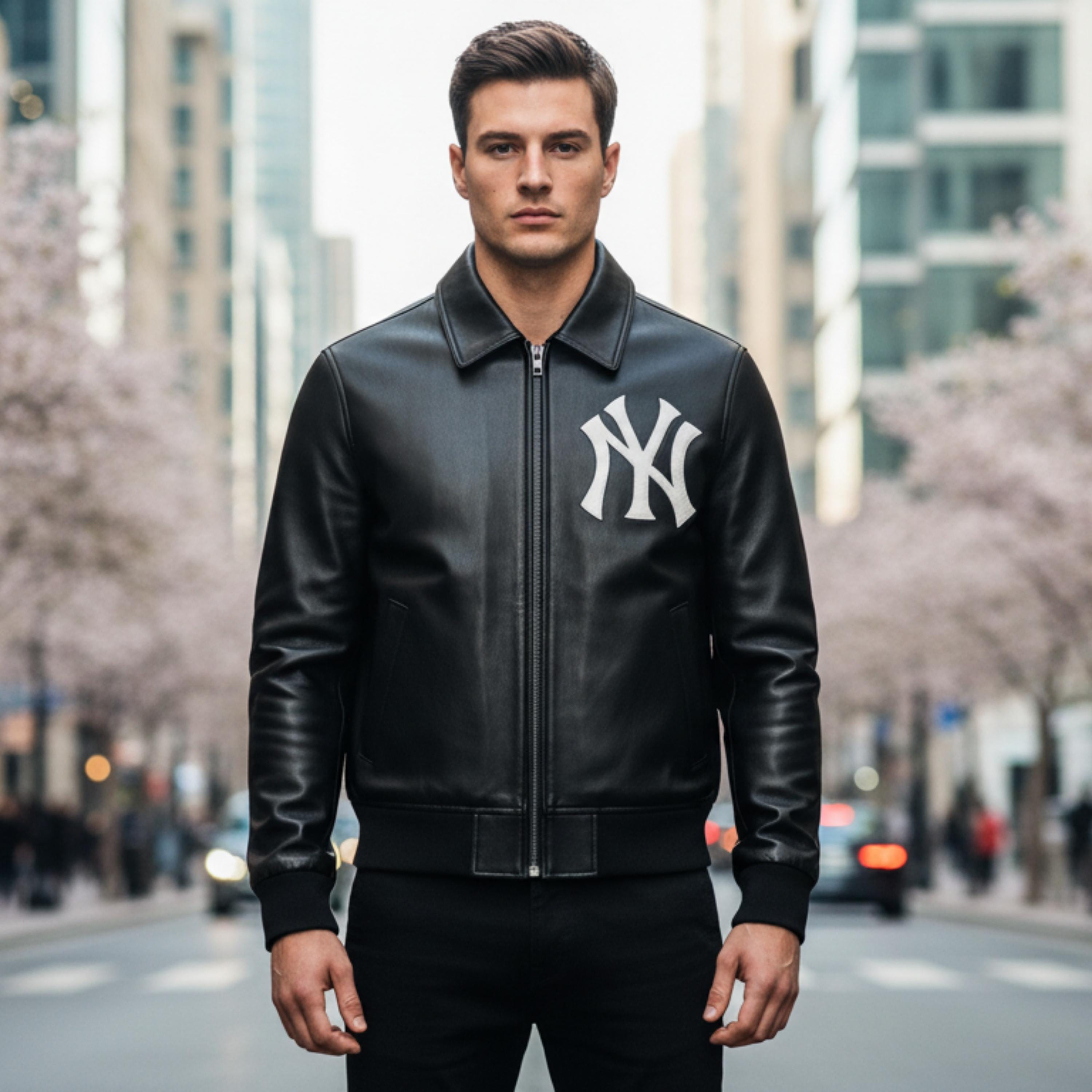 Black Yankees Leather Varsity Jacket | Vintage NY Embroidered Bomber