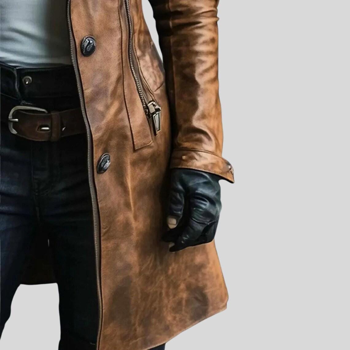 Women's Handmade Distressed Brown Leather Coat | Vintage Lambskin Shearling Collar Long Jacket