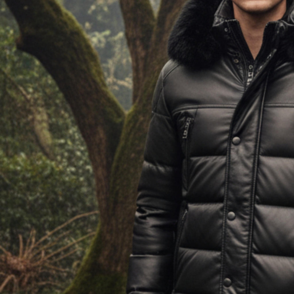 Men’s Black Quilted Puffer Leather Jacket with Fur Hood | Winter Warm Biker Style Coat for Australia & New Zealand