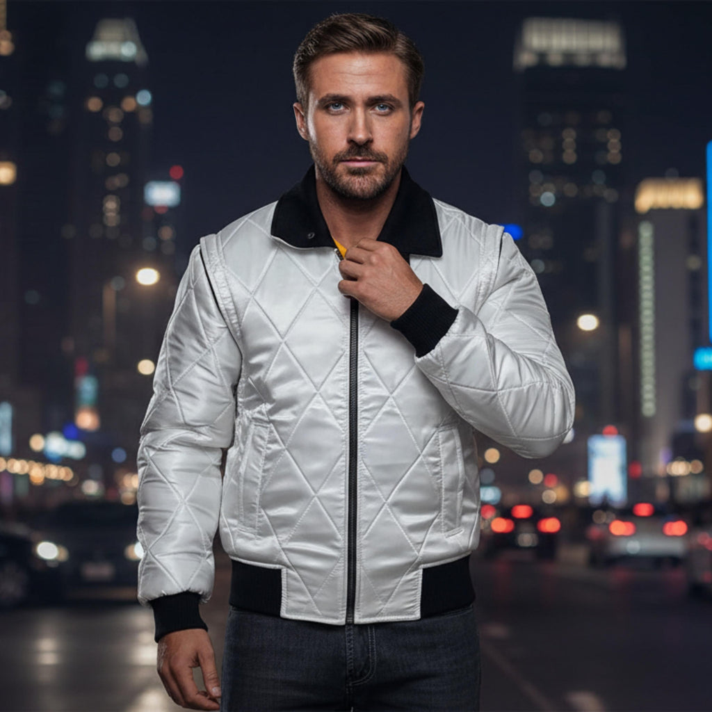 Ryan Gosling Drive Scorpion Jacket | Lightweight White Satin Bomber Jacket | Handmade Retro Movie Inspired Varsity Biker Outerwear