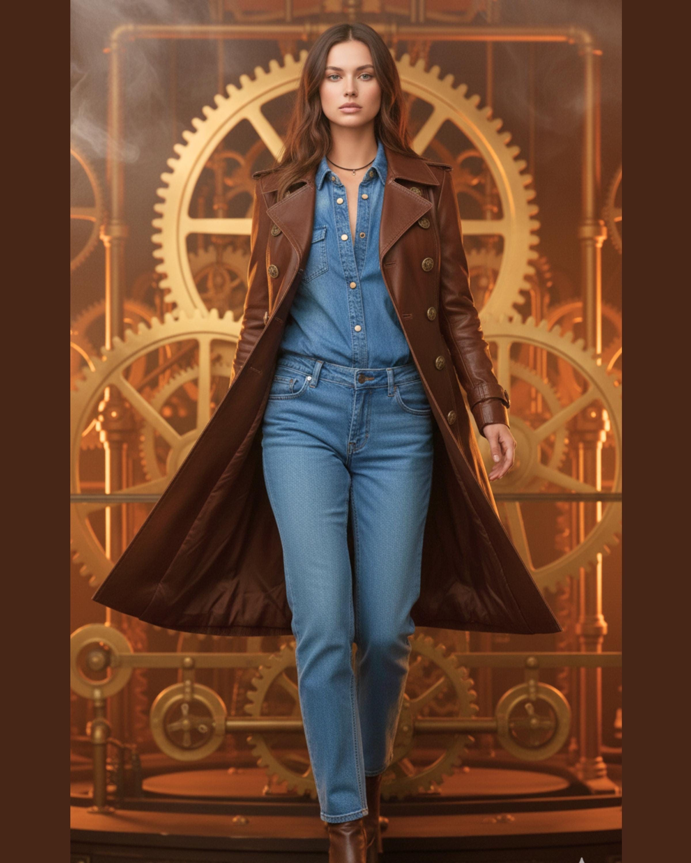 Women’s Vintage Brown Leather Coat | Handmade Genuine Leather Long Jacket with Stylish Collar & Lapel