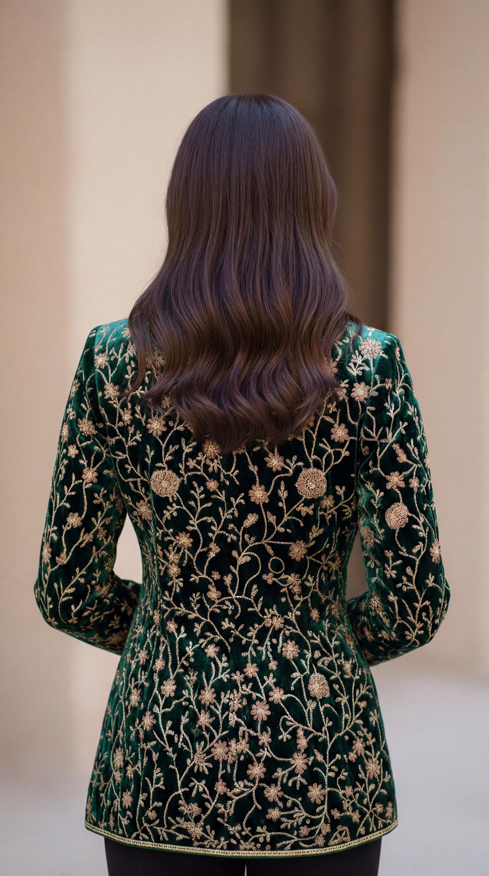 Women’s Embroidered Velvet Long Coat | Blush Green Floral Boho Jacket | Luxury Evening Peacock Ethnic Wear