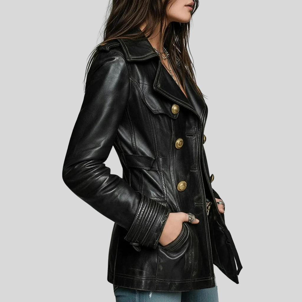 Women’s Handmade Black Distressed Jeans Style Leather Coat | Vintage Style Double-Breasted Gold Button Jacket | Goth Outerwear