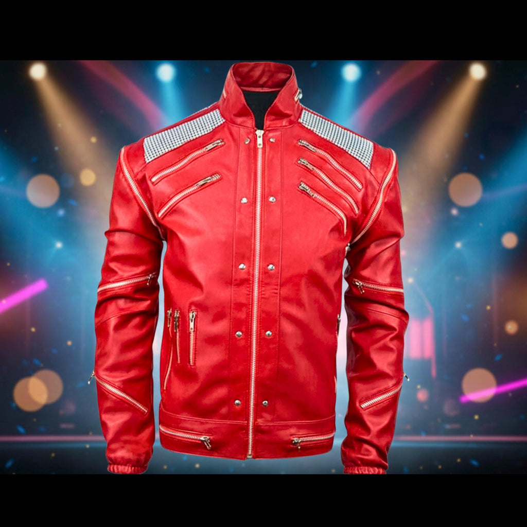 Handmade Michael Jackson Beat It Inspired Red Leather Jacket | 80s Biker MJ Tribute Costume | Zip-up Genuine Leather Cosplay Outfit
