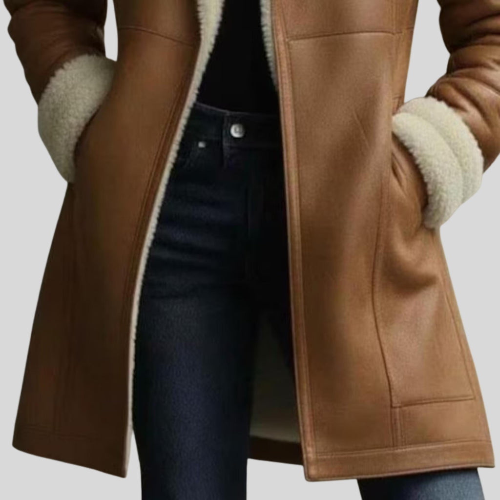 Women's Sheepskin Aviator Jacket | Genuine Leather Tan Brown Coat | Faux Fur Lapel Collar