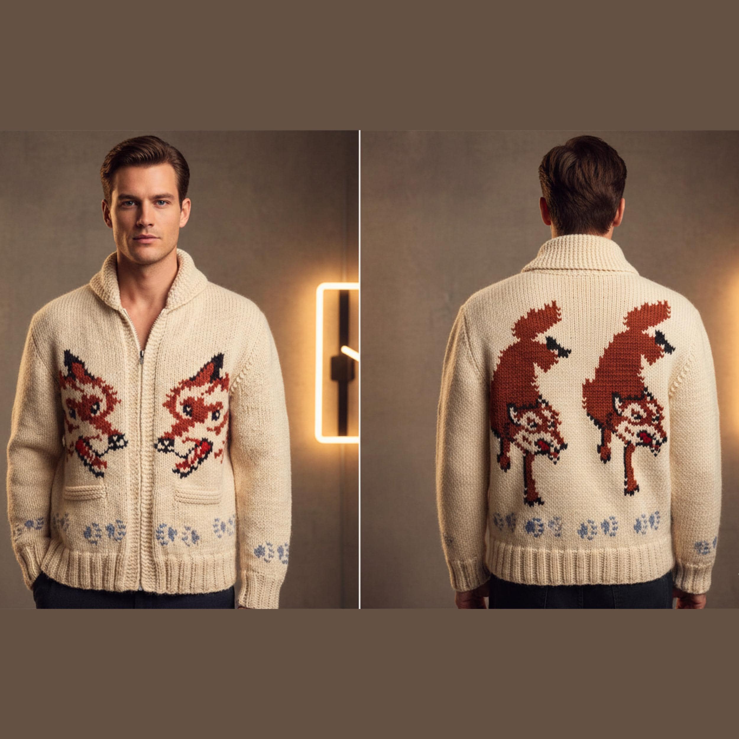 Handmade Wool Wolf Cardigan Sweater | Mary Maxim Inspired Nordic Knit Jacket