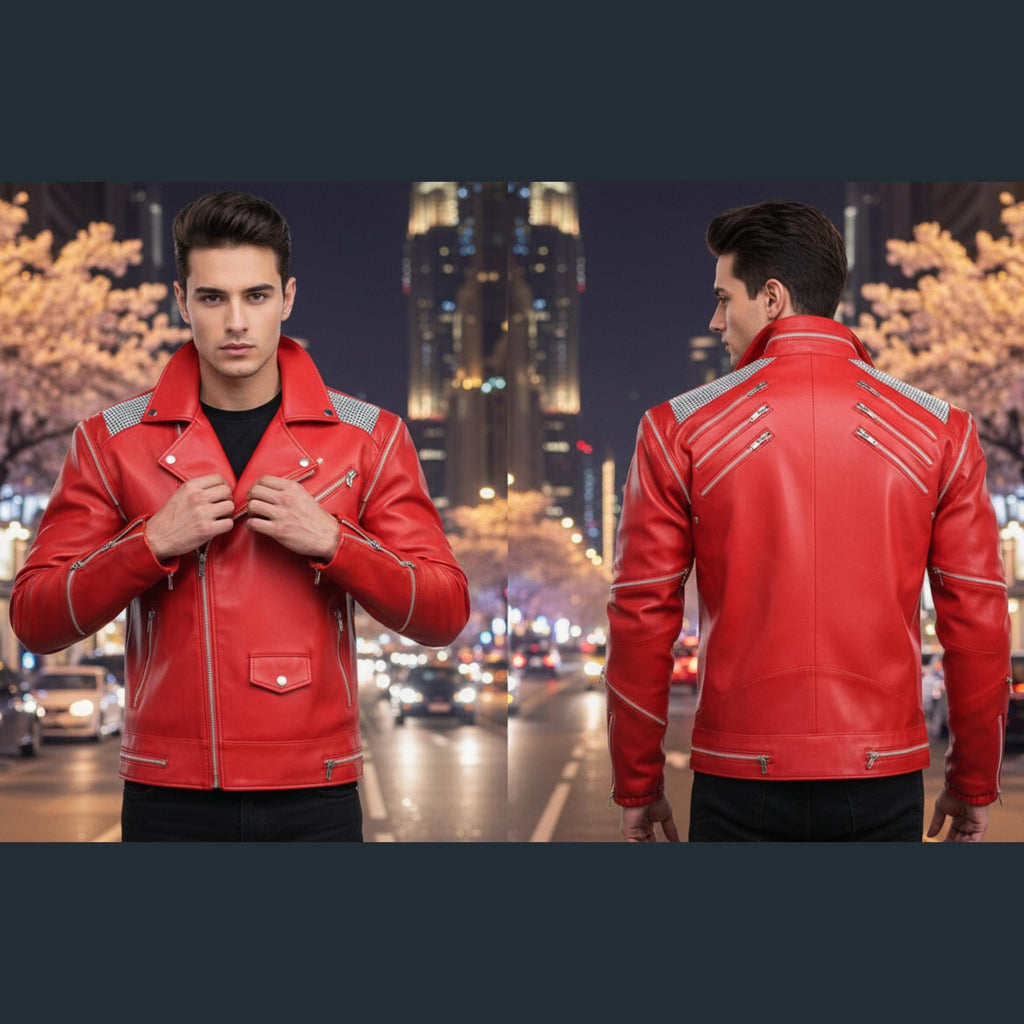 Michael Jackson Beat It Inspired Red Leather Jacket | 80s Biker MJ Tribute Costume | Special Edition | Gift for Boyfriend