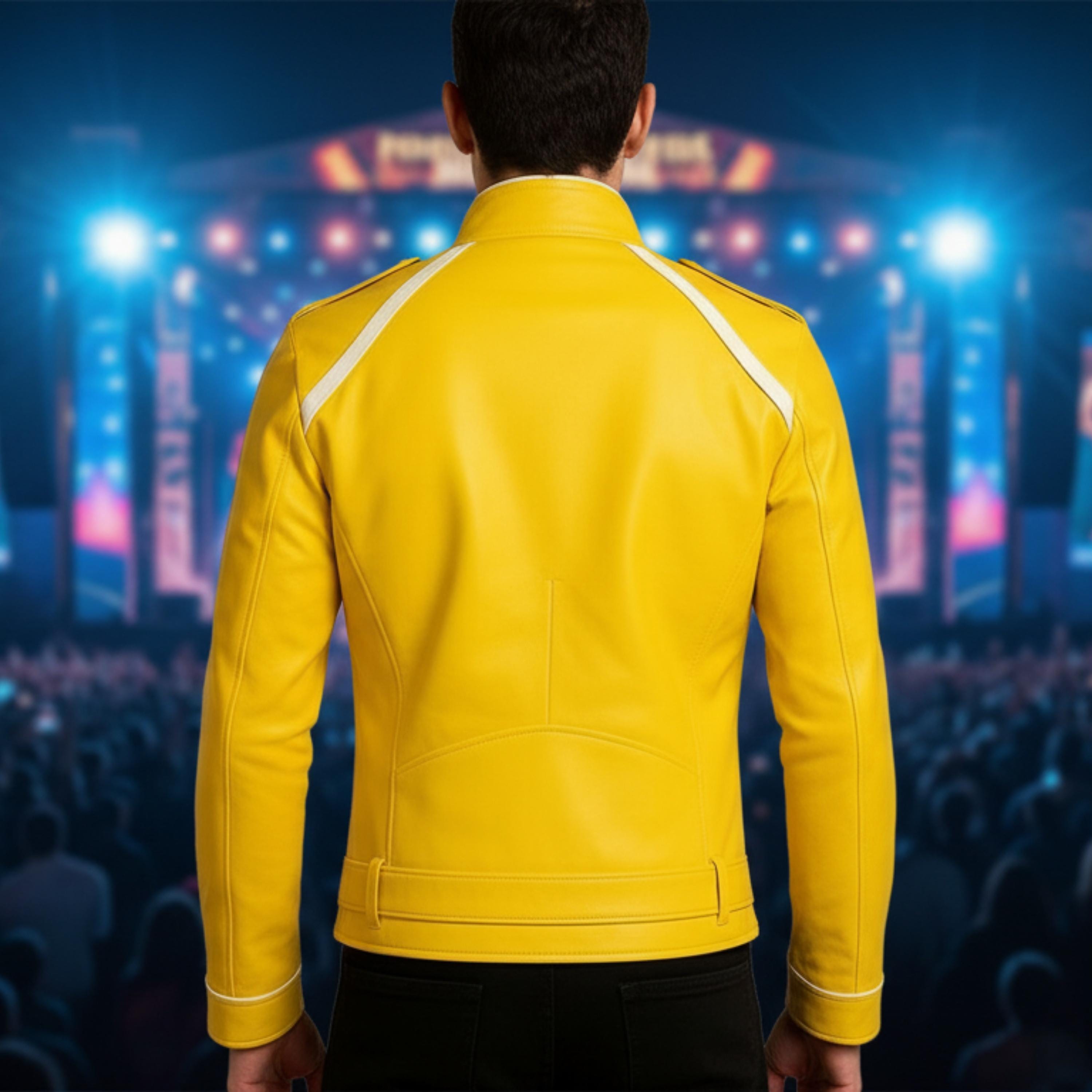 Freddie Mercury Yellow Faux Leather Jacket | Wembley Concert Inspired Military Style Coat | 80s Rock Star Buckle Strap Jacket